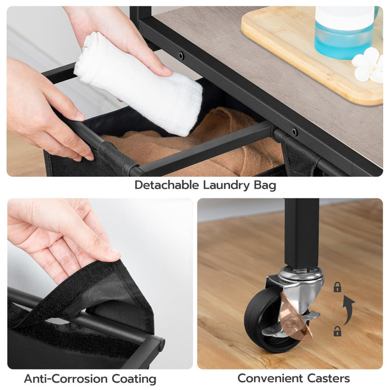 3-Section Laundry Sorter with Rolling Wheels, Removable Bags, and Top Shelf, Black