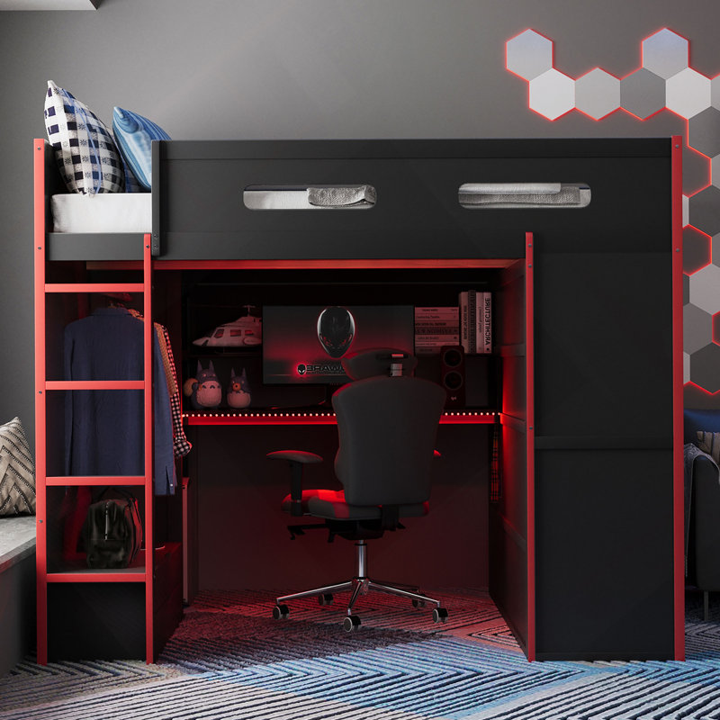 Full Size Kohlton Loft Bed With Desk,Wardrobe,Ample Storage Space,And Rgb Light, Red, Red