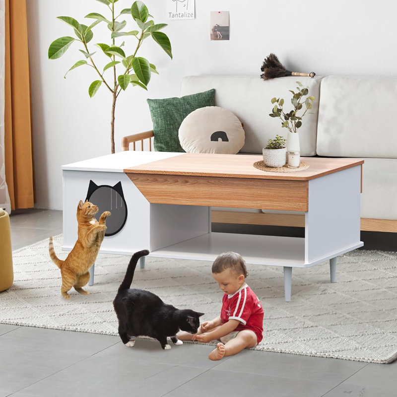 Table basse blanche 45 po avec tiroir de rangement Table basse rustique en bois avec chat, Jaune