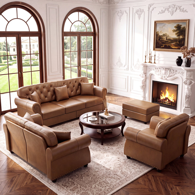 4-Piece Mid-Century Modern Chesterfield Living Room Set Upholstered Faux Leather Furniture Set, Brown