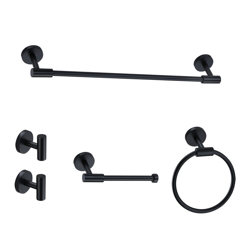 5 Piece Bathroom Accessories Set, Wall Mount Aluminium and Stainless Bathroom Hardware,, Matte Black