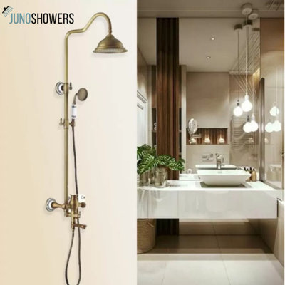 Juno Polished Brass Hook Shower Head Extension Arm – Adjustable and Durable for Optimal Water Flow