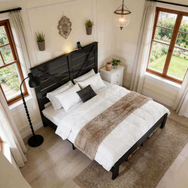 Tête de lit double, cadre de lit plateforme en bois, Noir, Lit double