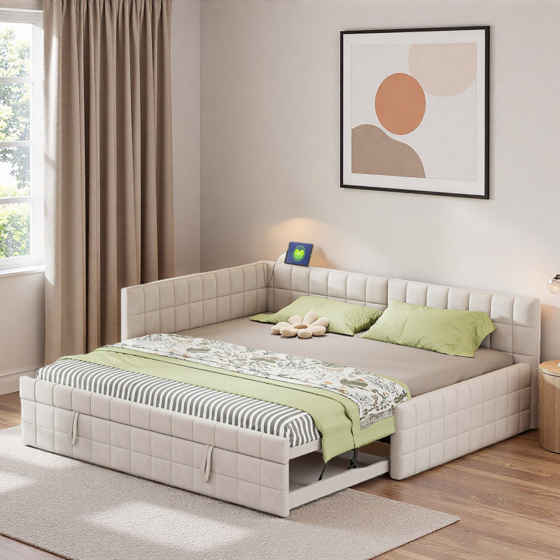 Upholstered L-shaped Daybed With Pop Up Trundle, Usb Ports And Square-block Pattern, Beige