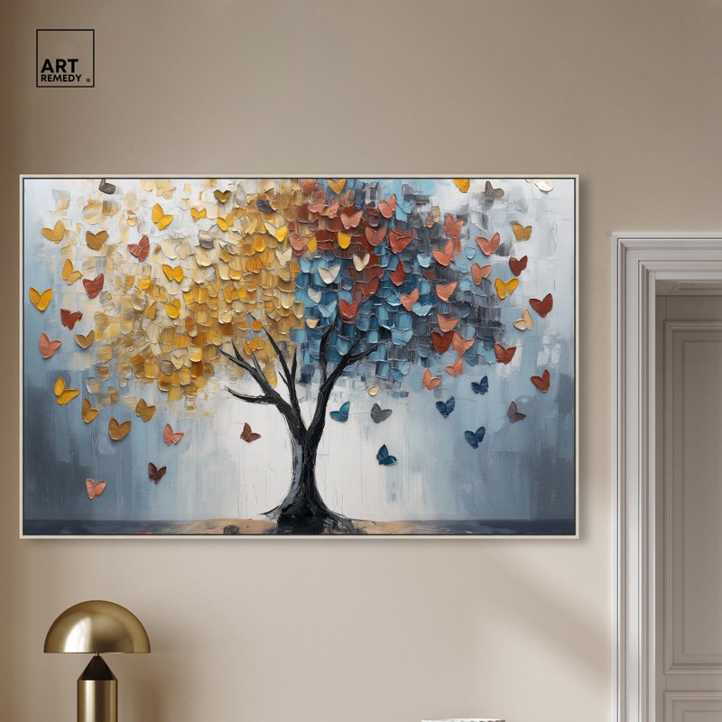 Butterfly Dream Tree I Canvas Colorful Tree Art by Art Remedy, Silver Floater Framed, 37" H x 55" W x 2" D
