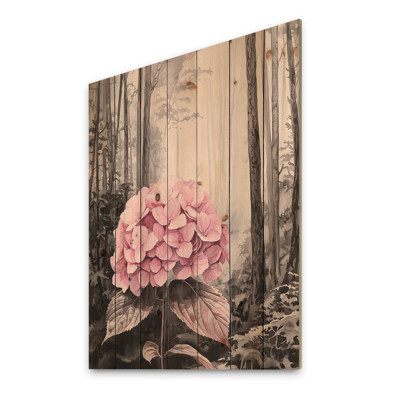 Hortensias dans la forêt monochrome I - impression d'hortensias sur bois de pin naturel, H 40 po x l 30 po x P 0,78 po