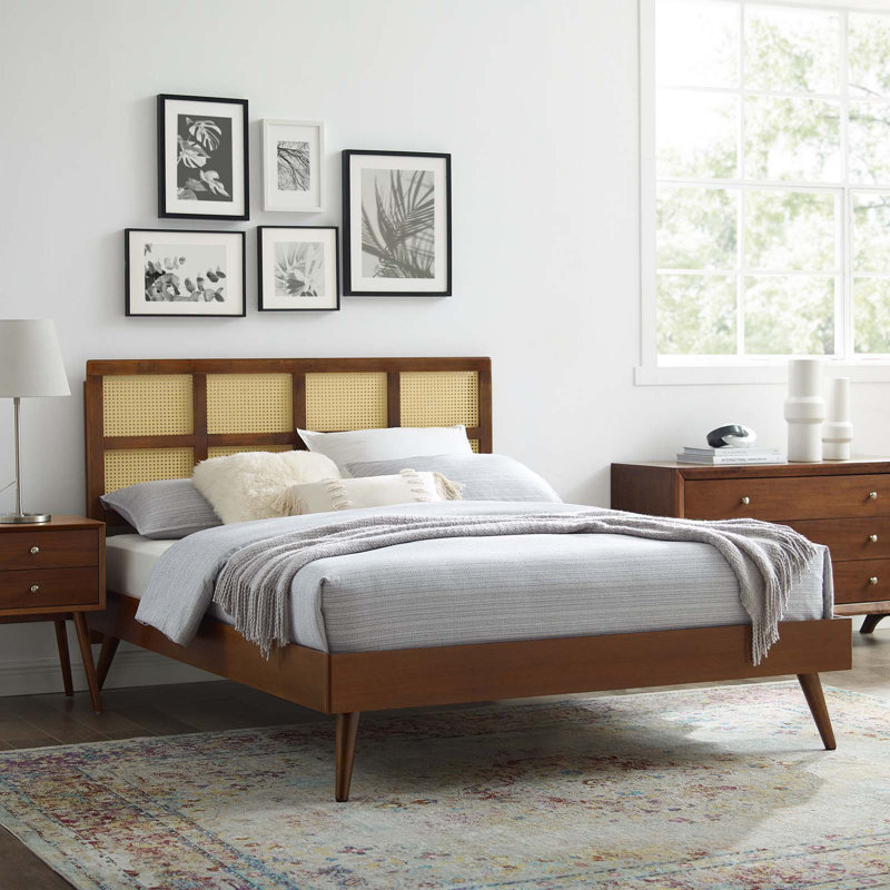 Modway Sidney Cane and Wood Platform Bed with Splayed Legs, Walnut, Full/Double