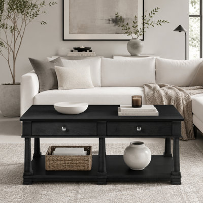Farmhouse Wooden Coffee Table with 2 Storage Drawers & Lower Open Shelf, Rectangular Cocktail Table with Solid Wood Legs for Living Room