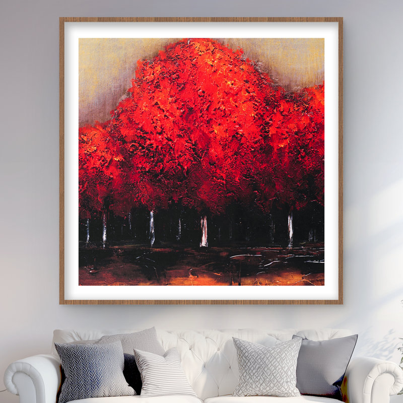 Red Dark Trees - Reproduction mat contemporaine encadrée pour la décoration, H 48 po x l 48 po, Brun