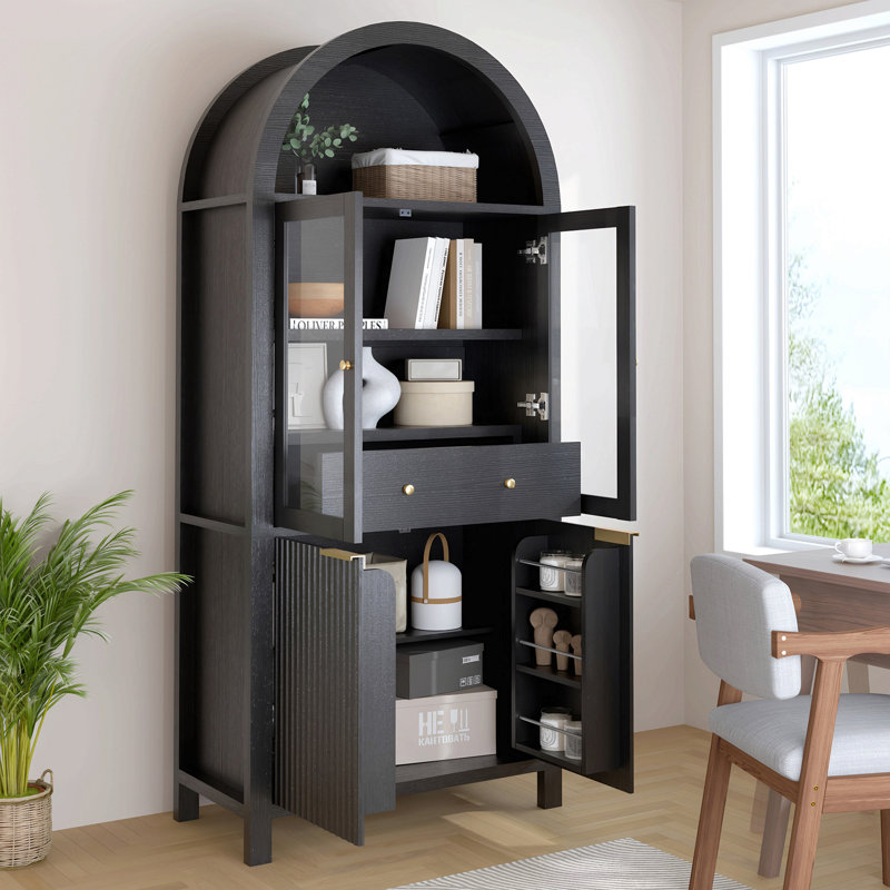 Garde-manger arqué de 71 po de hauteur avec tablettes réglables et porte vitrée pour la cuisine, noir | Idée cadeau