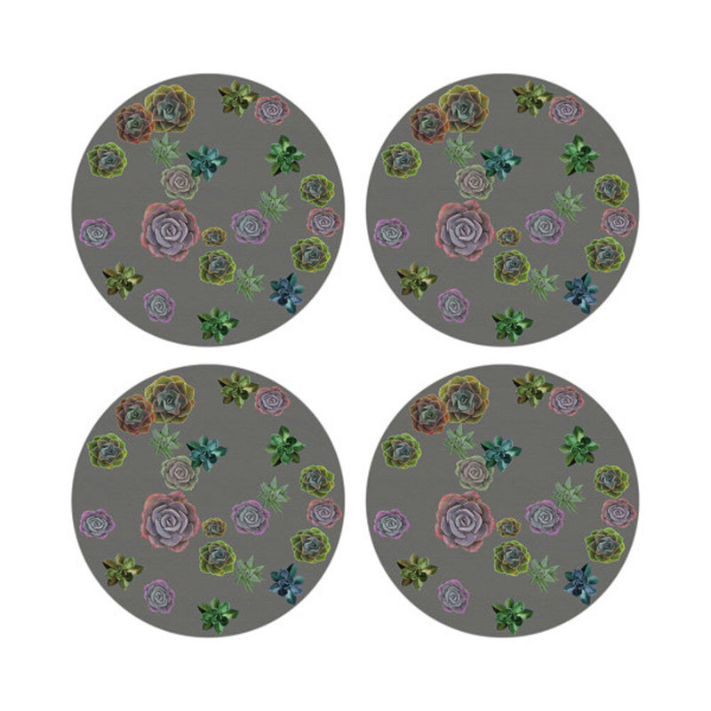 Succulents Floating Vegan Leather Round Pebble Placemat, Gray