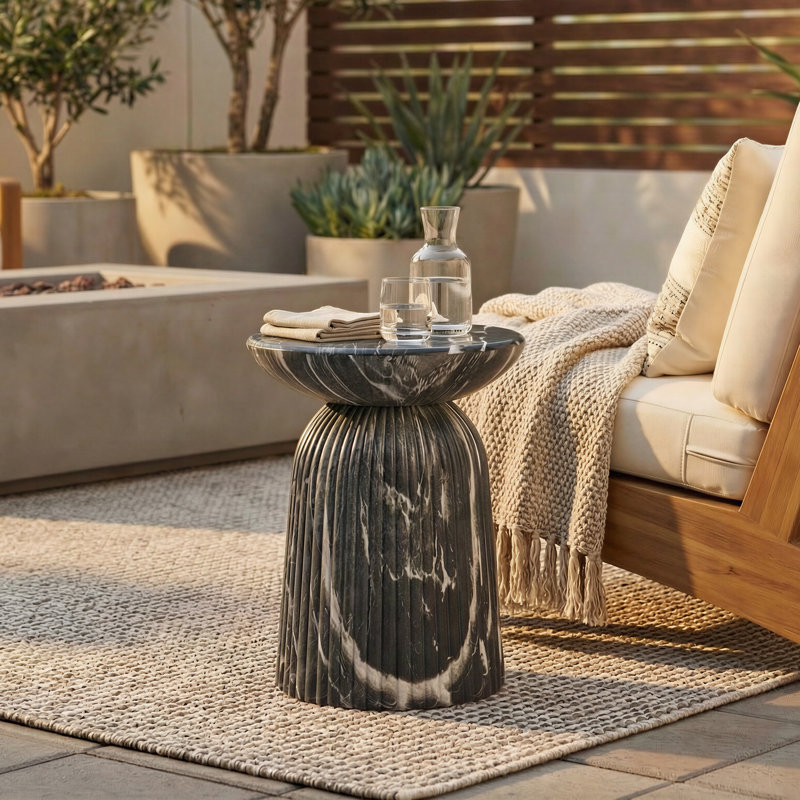 Tithi Stylish Decorative End Table with Gray Faux Marble Effect Stone Elegant Interiors for Indoor and Outdoor Spaces