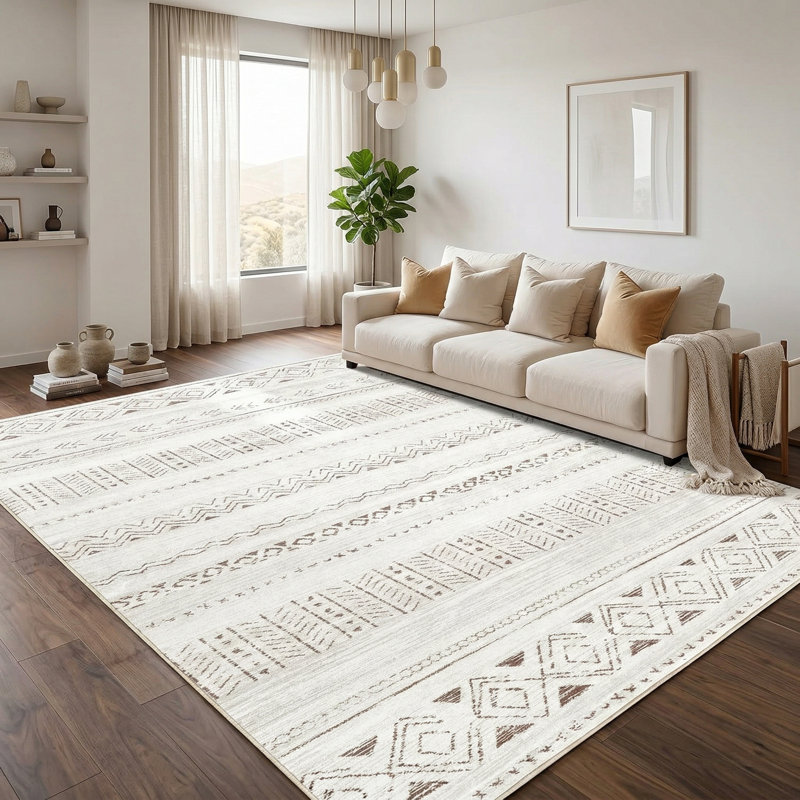 5X7 Ft Soft Boho Farmhouse Area Rug - Washable Non-Slip Low Pile Carpet, Light Brown/Cream Indoor Rug For Bedroom, Dining Room And Living Room
