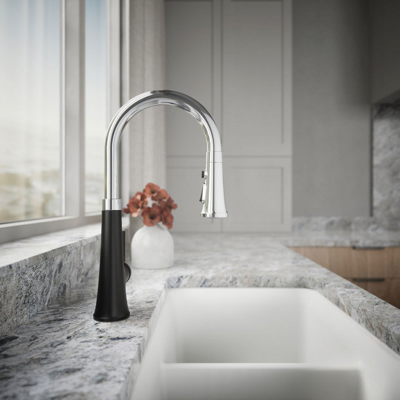 Tone Single Handle Pull Down Kitchen Sink Faucet with Three-Function Pull Down Sprayer, Polished Chrome/Matte Black