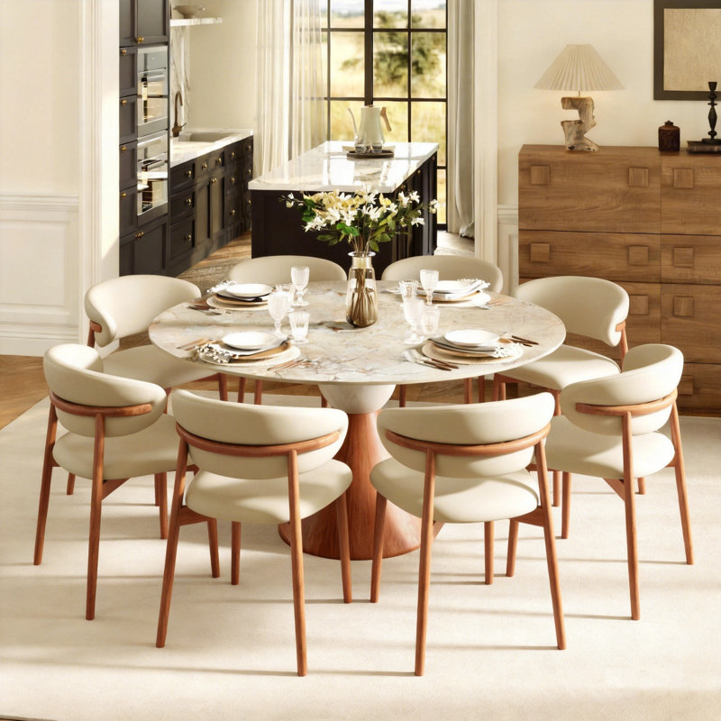 Ensemble de table et de chaises de salle à manger en pierre frittée de style bistro pour 2 à 8 personnes., Crème, 9