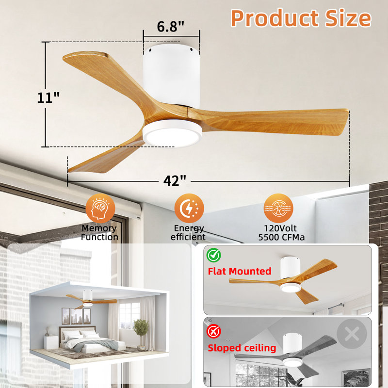 42 in. 3 - Blade Solid Wood Flush Mount Ceiling Fan with LED Light and Remote Control, White, Natural
