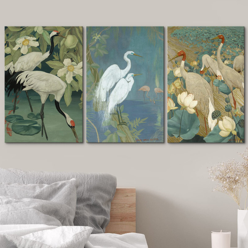 Grue verte verte pataugeant dans l'eau, lotus floral, art animalier, décoration murale moderne, Toile tendue