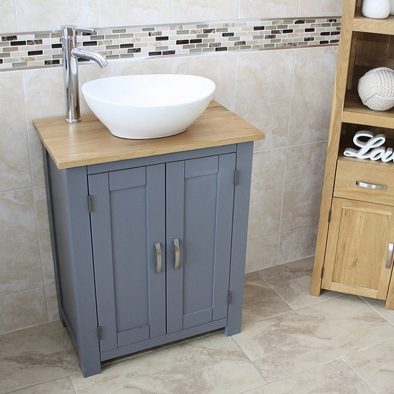 Worthland Solid Oak 650mm Free-Standing Vanity Unit with Countertop Ceramic Basin & Faucet