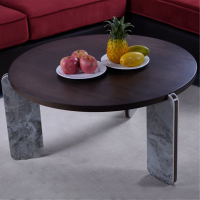 Table basse moderne avec ensemble de tables de bout, table de bout en MDF plaqué noyer durable de 83 cm de diamètre avec une table d'appoint de 43 cm de diamètre pour le salon, la salle d'étude, les pieds et la base en pierre frittée solide et stable
