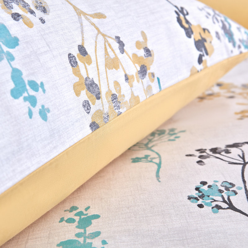 Duvet Cover Set Reversible by Leruum, Yellow/Grey/Blue, Floral, Super King Duvet Cover + 2 Standard Pillowcases