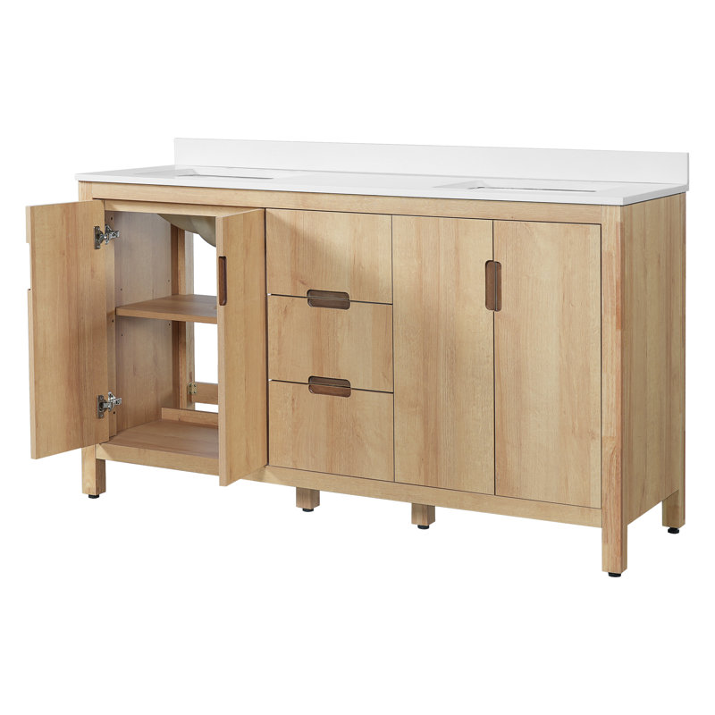 Meuble-lavabo double 60 po avec lavabo en céramique 60 po, Érable clair