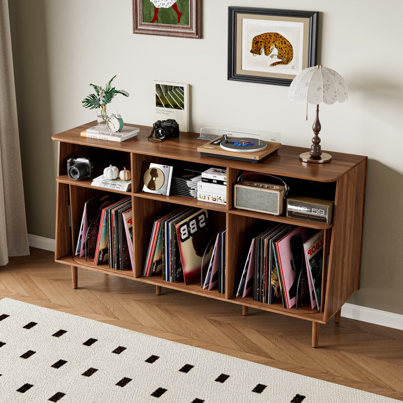Support pour tourne-disque avec prise de courant et portes coulissantes, armoire de rangement moderne en vinyle de style Mid-Century, table à plateau tournant pour salon