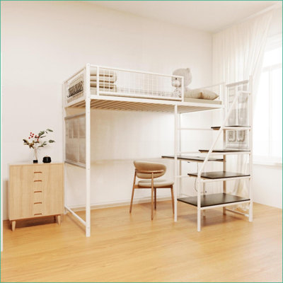 Structure de lit mezzanine simple en métal avec station de charge et amp; Lumières DEL, blanc - aucun sommier nécessaire pour la chambre à coucher / le dortoir