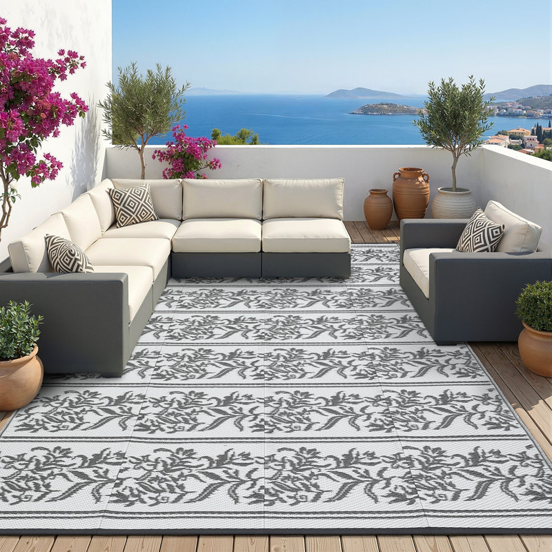 9x12 FT GreyWhite Wallpaper Flower Reversible Outdoor Rug Waterproof Plastic Straw Indoor Outdoor Mat for RV Camping Deck Backyard Picnic Patio