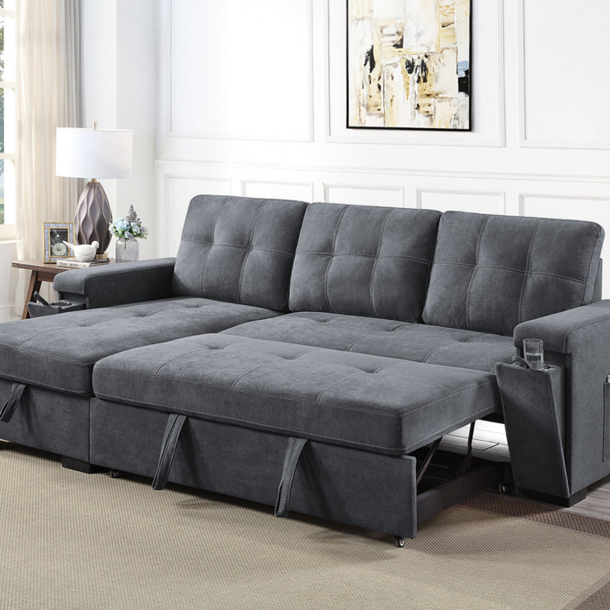 Latitude Run® Woven Fabric Reversible Sleeper Sectional Sofa With ...