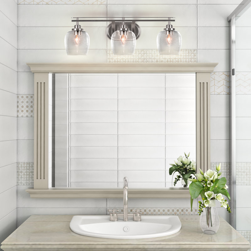 Odyssey 3 Light Bath Bar Shown In Brushed Nickel Finish With 6" Glass, Cream