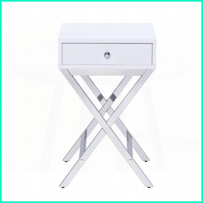 Blanc et blanc Table basse chromée avec 1 tiroir, base X moderne pour petits espaces, Argent argent, Blanc