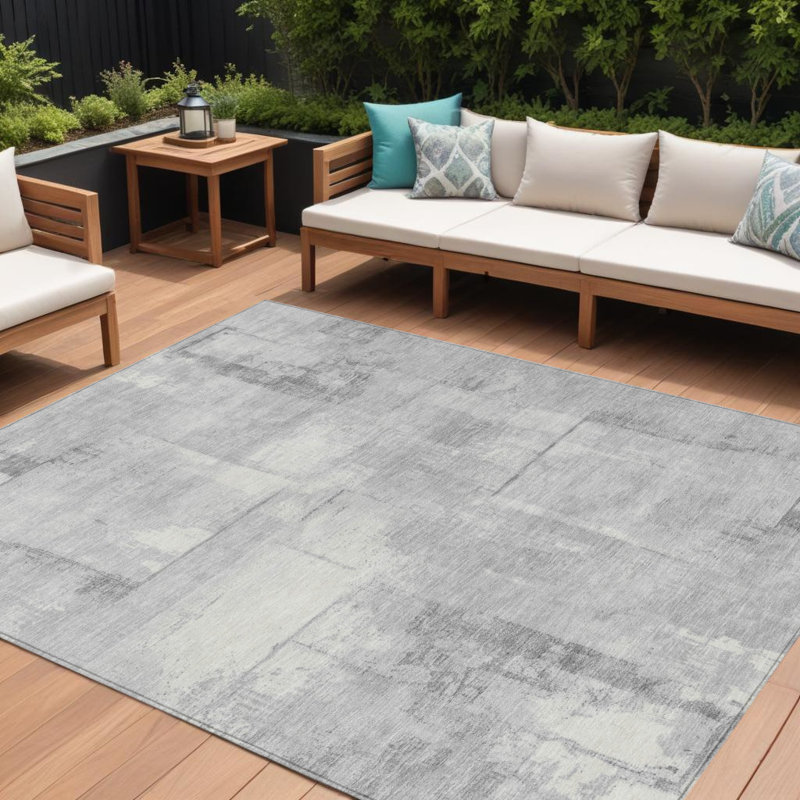 Tapis extérieur lavable à motif géométrique gris et argent 10 pi x 14 pi Arpin