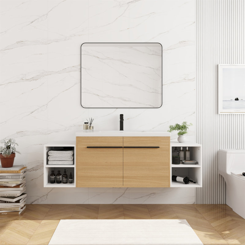 Ensemble de meuble-lavabo mural 60 po avec lavabo de comptoir en résine et 2 tablettes de rangement, 2 portes à fermeture douce