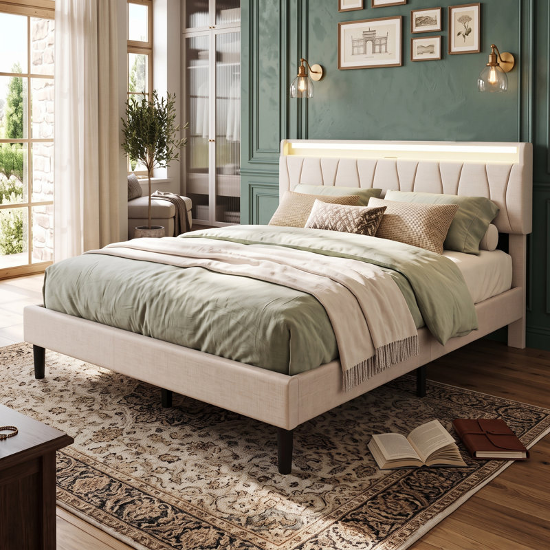 Upholstered Linen Platform Bed, European Kingsize (160 x 200 cm), Beige