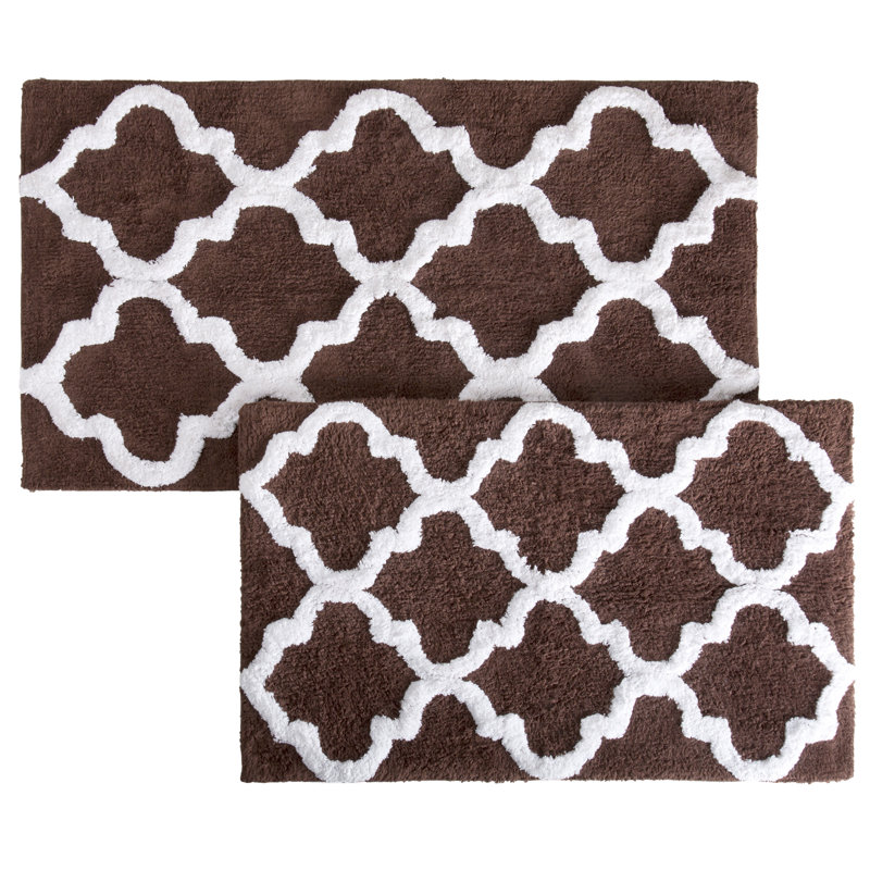 Lavish Home 2 Piece Bathroom Rug Set - 41x24.5 Inch and 34x21 Inch 100% Cotton Bath Mats with Textured Trellis Print for Elegant Bathroom Decor - Bath Rugs Non Slip Washable Bathmats