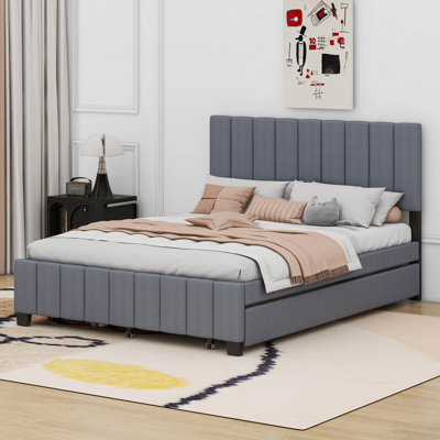Grand lit plateforme tapissier en velours avec 2 tiroirs et 1 lit gigogne simple TG