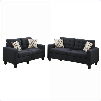 Canapés, ensemble canapé et causeuse 2 pièces capitonnés en polyfibre noire avec coussins | Noir Pin massif