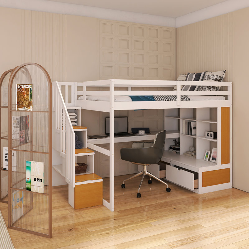 Lit mezzanine double avec bureau et tablettes, deux tiroirs intégrés, escalier de rangement, Blanc/naturel