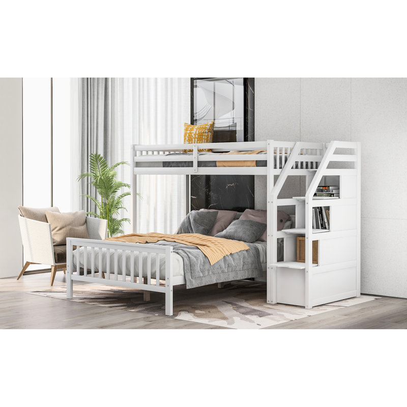 White Twin Over Full Loft Bed - Flipable Storage Compartment, Convenient And Practical With Staircase White, Valuable, White