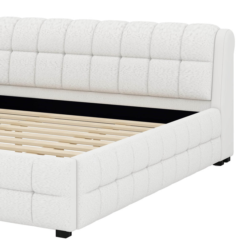 King Size Upholstered Platform Bed, White, King