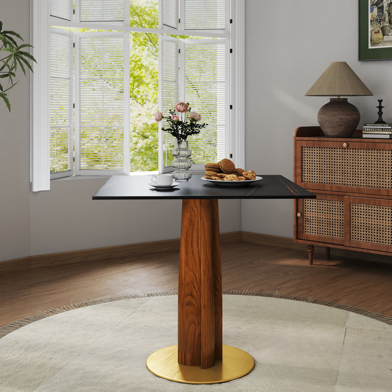 Modern 3 Piece Dining Table and Chair Set with Sintered Stone or Glass Square Table Top, Boomerang Shaped Solid Wood Dining Table with Two Solid Wood Dining Chairs - Small Space Kitchen Table and Chair Set with Gold Stainless Steel Base