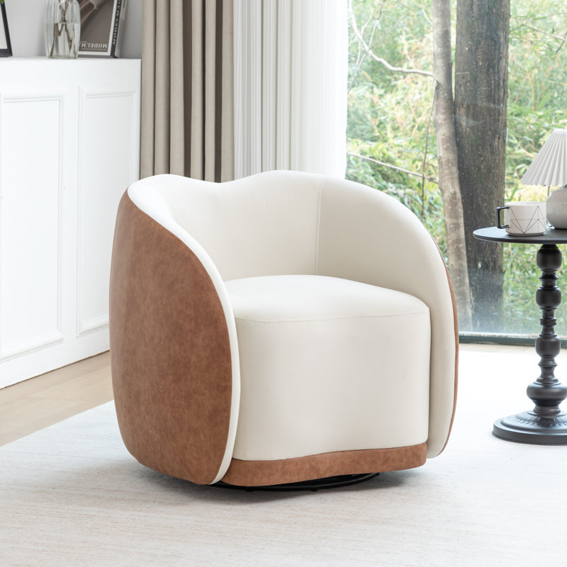 Fauteuil demi-tonneau pivotant en velours Aastha, Brun / Blanc