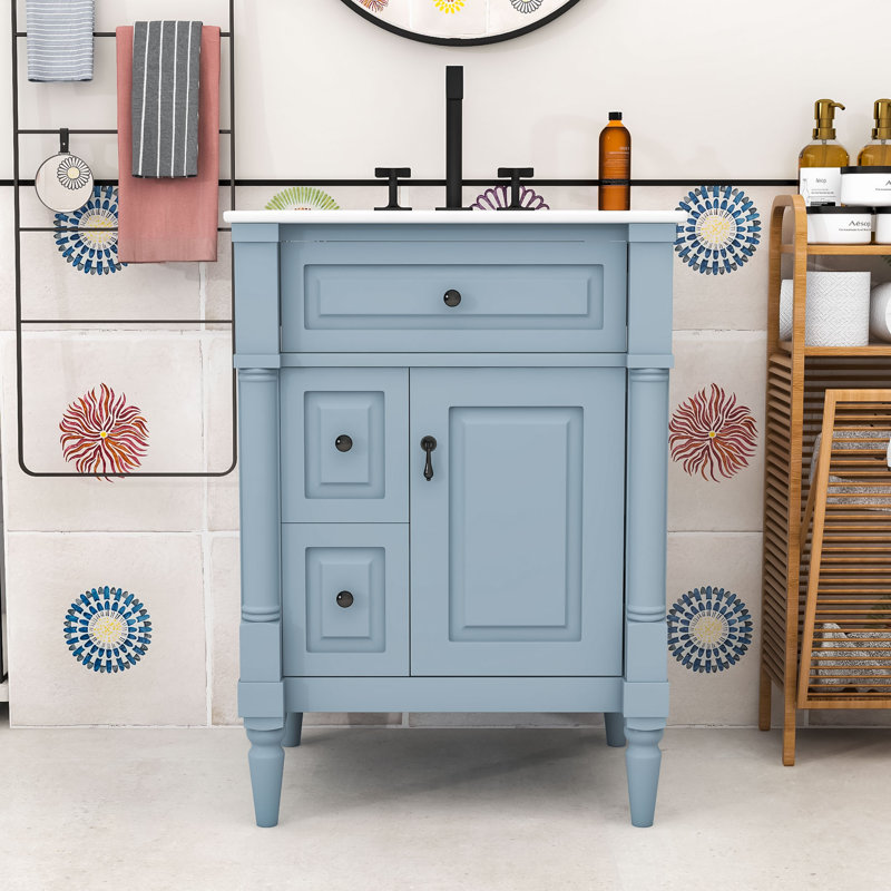 Meuble-lavabo autoportant avec lavabo, rangement réglable, Bleu/gris