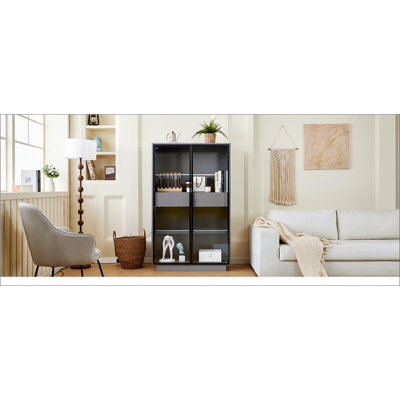 60.6'' Tall Modern Display Cabinet with Tempered Glass, LED Lighting, and Two Drawers for Elegant Storage and Display
