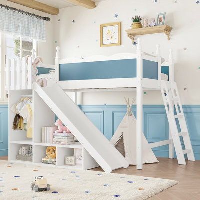 Twin Loft Bed with Storage Shelves and Wardrobe, Solid Wood Loft Beds with Detachable Slide and Ladders, No Spring Box Needed, Blue and White.(Patent Protection)