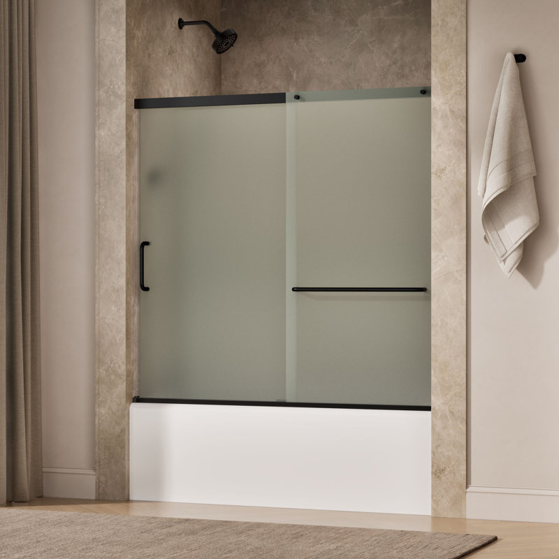 Elate Sliding Bath Door, 56-3/4-In H X 56-1/4 - 59-5/8-In W, With 1/4-In Thick Crystal Clear Glass, Black/Frosted