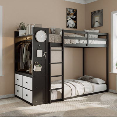 Twin Size Bunk Bed with Storage Drawers, Shelves, Light Strip & Pegboards – Black