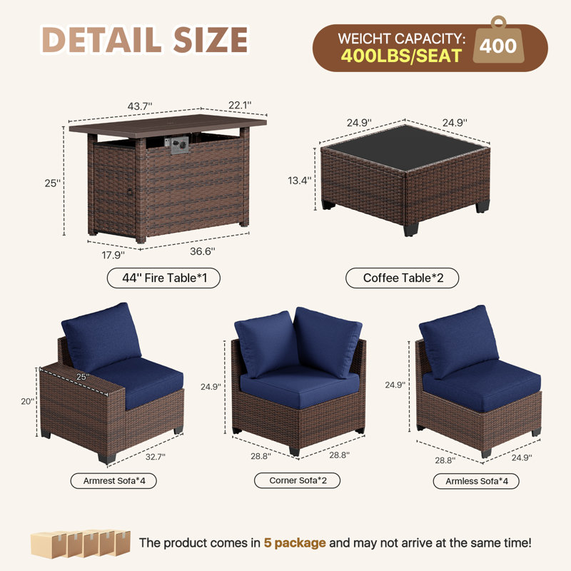 10 - Person Rattan Outdoor Conversation Sets With Fire Fit Table, Navy