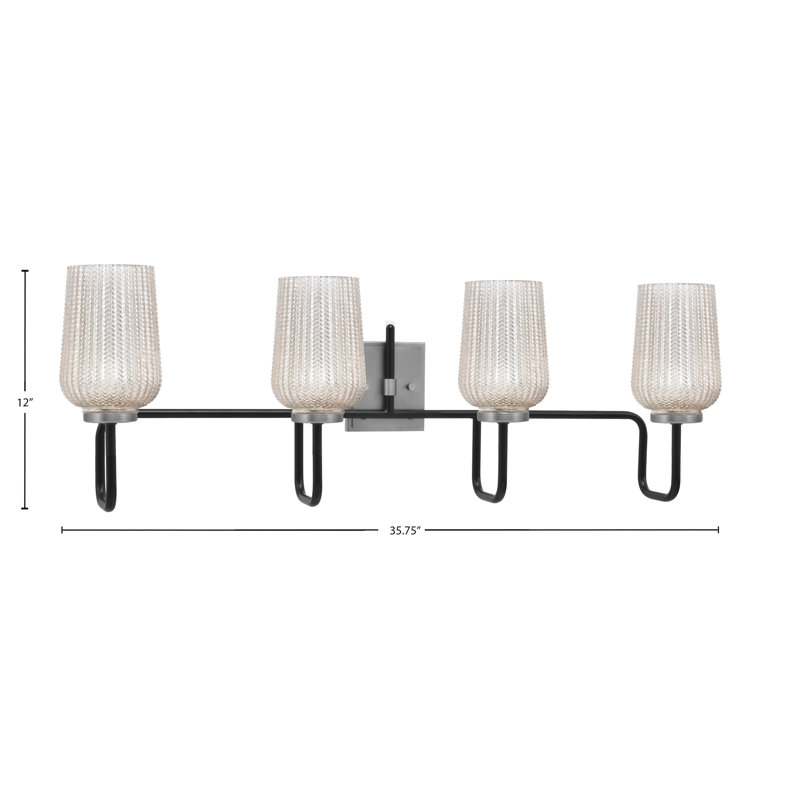 Barre d'éclairage de salle de bain 4 lumières Amarmula, noir mat et finition graphite, verre texturé argenté de 5 po