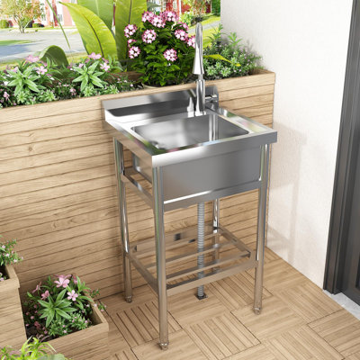 Freestanding Stainless Steel Utility basin – Single Bowl, 360° Rotating Faucet, Hot & Cold Water Pipes, Durable Commercial-Grade – Ideal for Kitchen, Laundry, Bathroom, Outdoor – Single pool 61*51*105cm